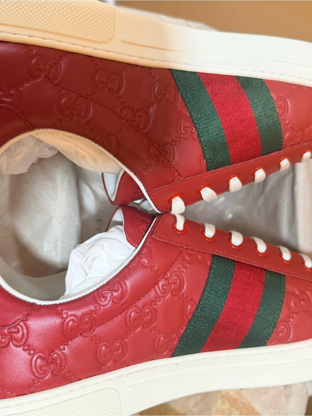 Gucci Red Leather ACE Sneakers with White Laces